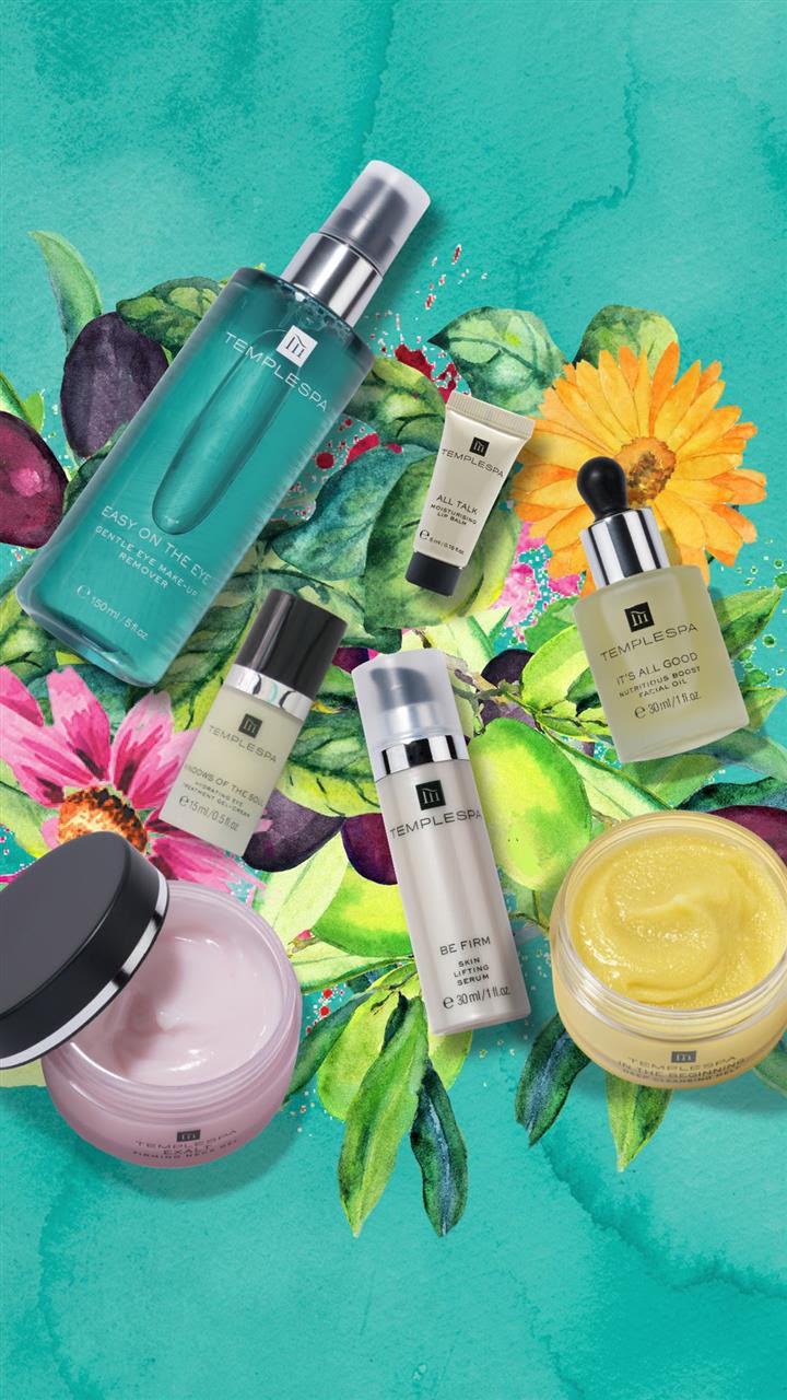 TEMPLESPA skincare — eye make-up remover, moisturising lip balm, facial oil, eye cream, skin lifting serum and cleansing balm